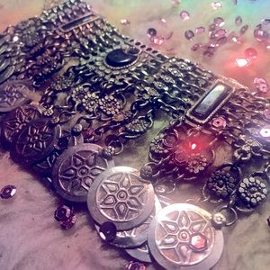 Silver Shade Heavy Weight Metal Coin Choker Necklace with Black Stone